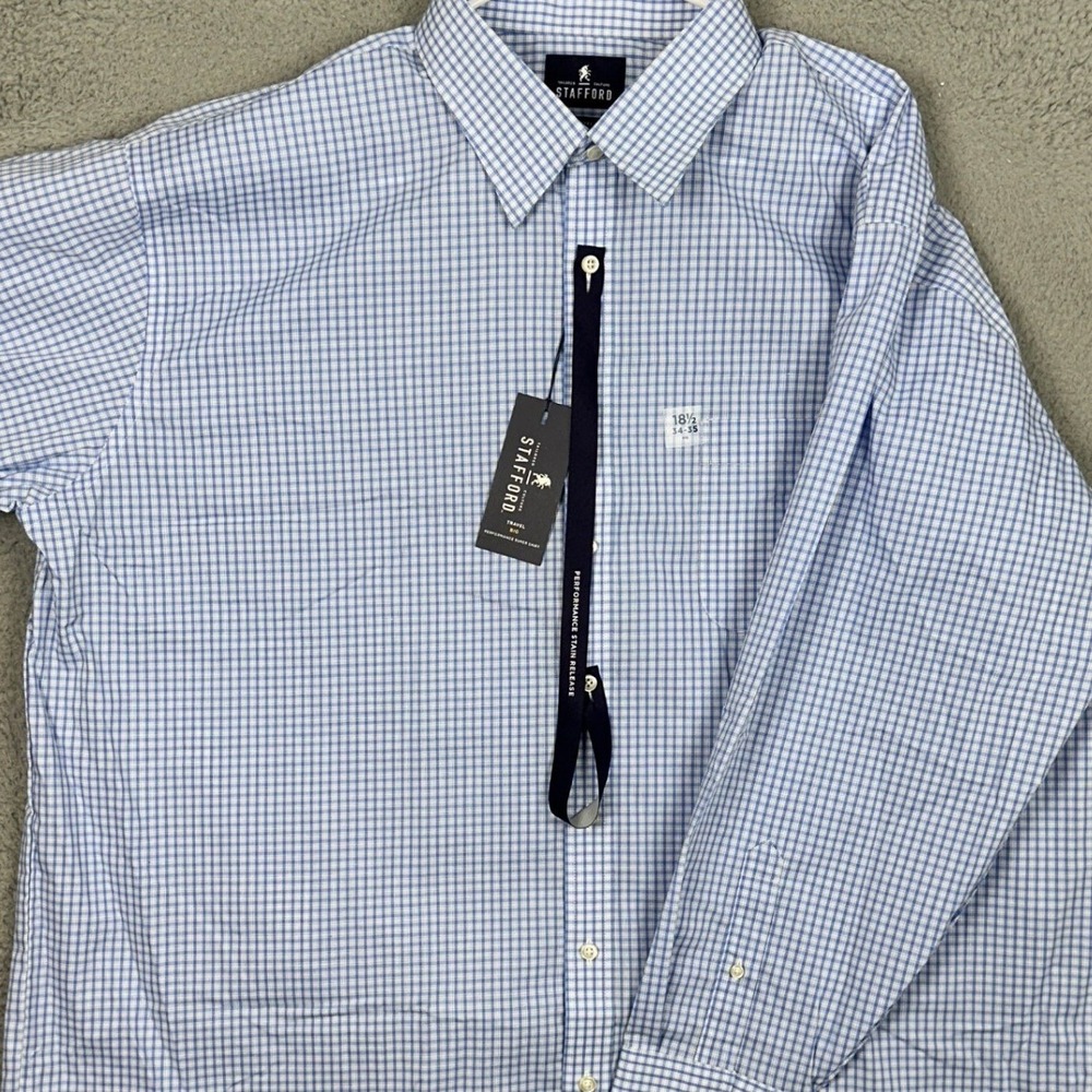 NEW Stafford Dress Shirt Mens 18.5 34-35 Big Travel Performance Blue Gingham